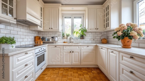 Bright and Cozy Kitchen with Modern Design Featuring White Cabinets, Wooden Flooring, and Fresh Green Plants