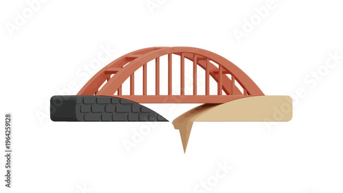 An old wooden bridge arches over the river landscape where historic timber architecture meets the modern steel construction of a transport landmark.