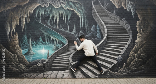 Man climbing stairs to cave.