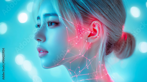 Futuristic Portrait of Young Woman with Neon Network Connections Across Her Face and Ear, Highlighting Digital Integration and Advanced Technology in Cyberpunk Aesthetic