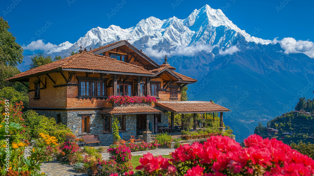 Obraz premium Picturesque traditional brick and stone mountain lodge surrounded by vibrant blooming flowers with towering, snow-capped Himalayan peaks under clear blue sky