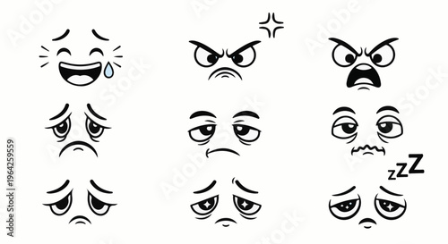 Diverse cartoon facial expressions conveying emotions like joy, anger, sadness, and sleepiness
