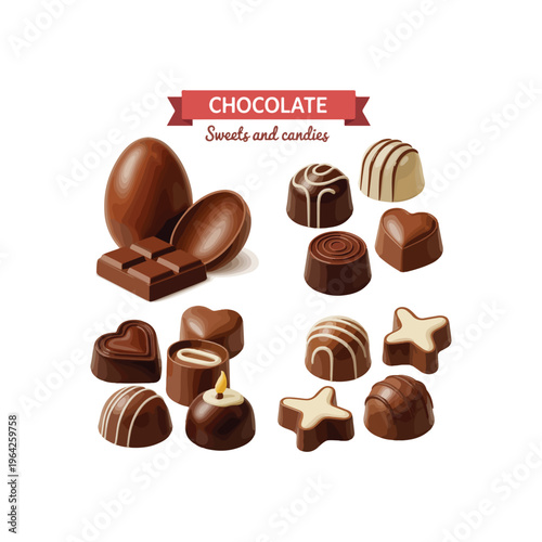  set of chocolate candies different types and forms. Isolated on white background. Sweet food vector illustration.