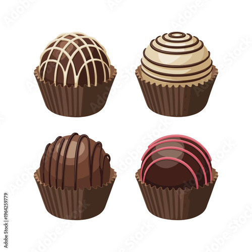  set of chocolate candies different types and forms. Isolated on white background. Sweet food vector illustration.