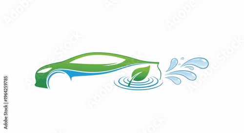 Eco-friendly car wash with a leaf, water splashes, and clean ripples