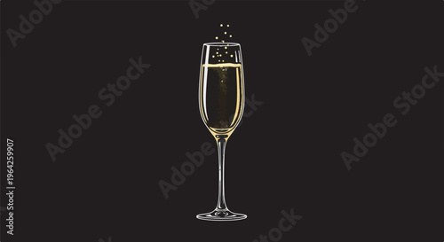 Elegant flute glass filled with bubbly golden liquid, delicate bubbles rise