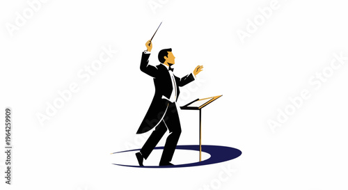 Elegant conductor in formal attire guides an orchestra with a baton