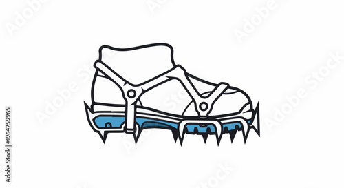 A stylized illustration of an ice climbing boot with sharp crampons