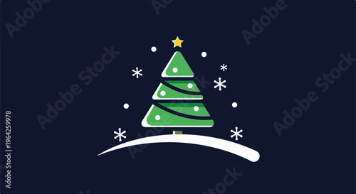 Festive decorated evergreen tree with a star, surrounded by falling snowflakes