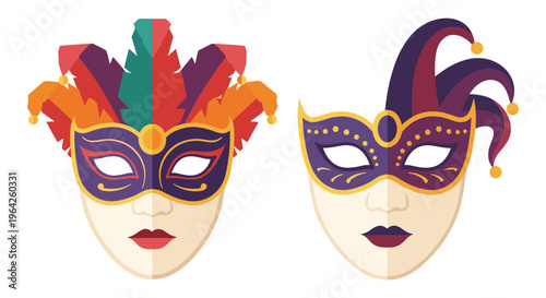 Venetian carnival masks with feathers and jester hat, colorful masquerade ball face masks, festive party costumes vector illustration
