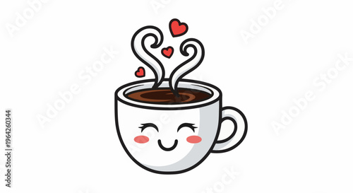 Adorable coffee cup with a happy face and heart-shaped steam