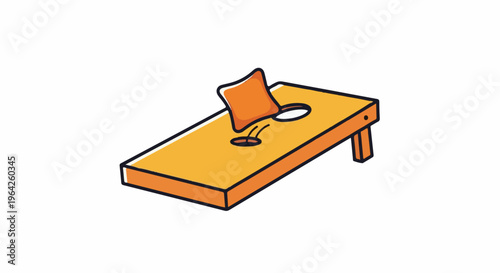 A stylized illustration of a bean bag toss game board and a flying bean bag