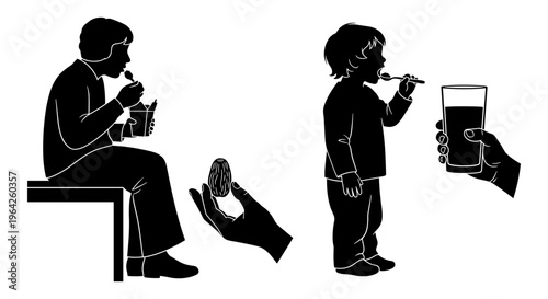 Black silhouette vector set of children eating and drinking, kids having breakfast or snack, hand holding glass and egg icons