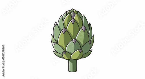 A stylized green artichoke with a thick stem and pointed purple-tipped petals