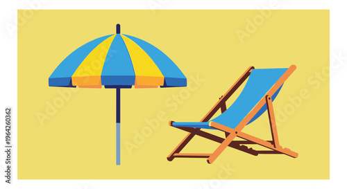 Minimalist beach umbrella and deck chair vector illustration, summer vacation concept with sunshade and lounger, tropical resort travel icons