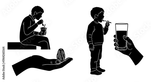 Black silhouette vector set of children eating and drinking, little boy having a snack and drinking water, hand holding a date fruit and glass