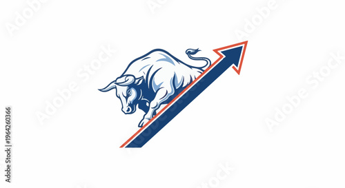 Powerful bull charging upwards on a financial growth arrow