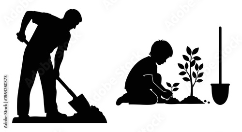 Gardening silhouette set with man digging and child planting tree, father and son working in garden vector, environmental reforestation icons