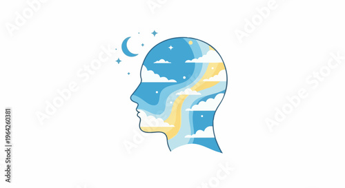 Profile silhouette filled with swirling sky, clouds, moon, sun and stars