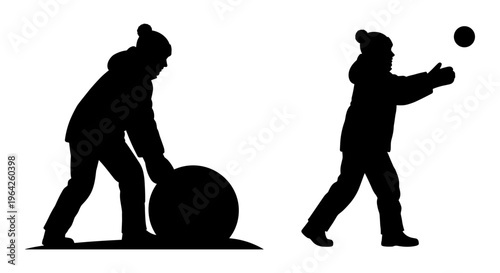 Winter children silhouette vector set, kids playing in snow and throwing snowballs, little boy rolling a large snowball for a snowman