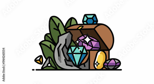An open treasure chest overflows with colorful gems and leaves