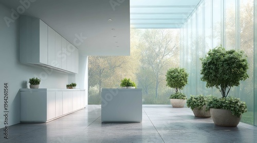 Modern Minimalist Kitchen with Large Glass Windows Overlooking a Lush Green Landscape in Natural Daylight