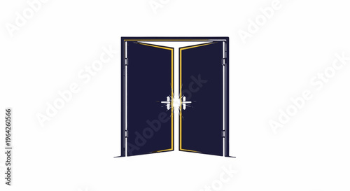 An opened dark blue door with yellow trim and a burst of light