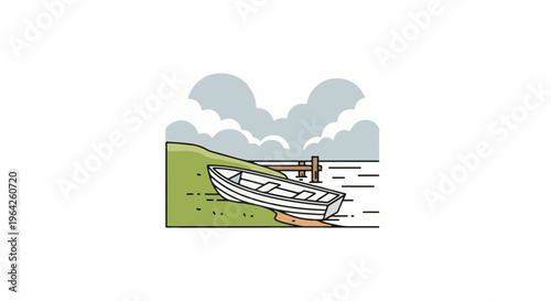 Rowboat rests on grassy bank near wooden dock. Cloudy sky above
