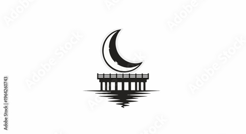 A stylized crescent moon hovers over a pier reflected in water