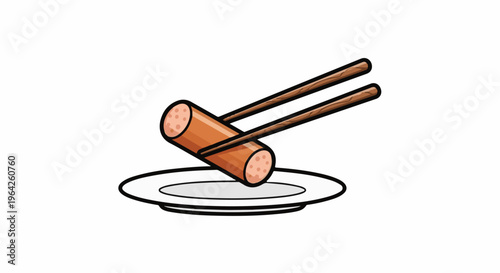 Sausage being picked up by chopsticks over a white plate