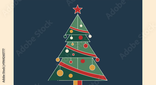A stylized Christmas tree decorated with ornaments, ribbons, and a star topper