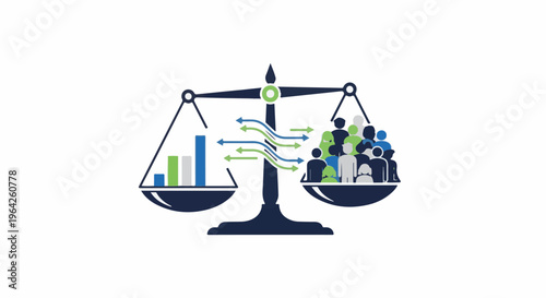 Scales balancing charts against a crowd with directional arrows