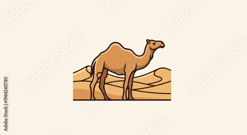 Stylized camel stands proudly amidst flowing desert sand dunes