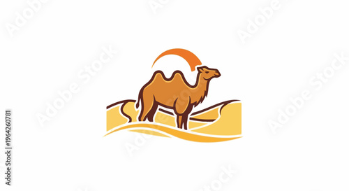 Stylized camel stands on sand dunes beneath a crescent sun