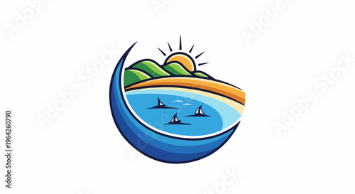 Scenic coastal landscape with sun, hills, beach, sailboats, and ocean waves