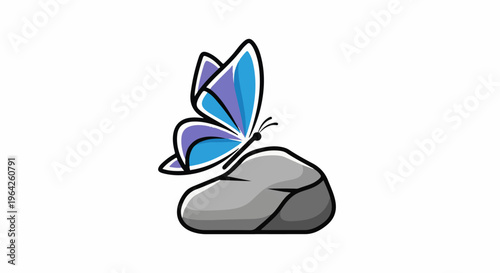 Stylized butterfly with blue and purple wings rests on a gray rock