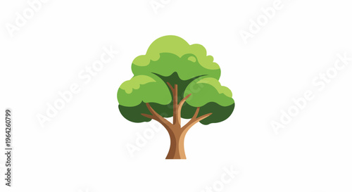 A stylized, cartoonish green tree with a brown trunk and branches on a white background