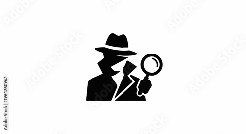 Silhouette of a detective in a hat and trench coat with a magnifying glass