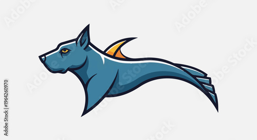 Stylized blue creature with sharp ears, yellow eyes, and a dorsal fin