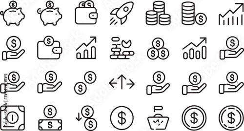 Collection of finance and business icons representing growth and savings