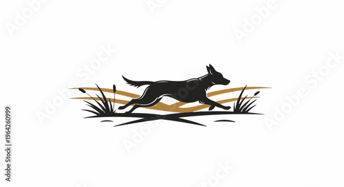 Silhouette of a dog running through reeds and water