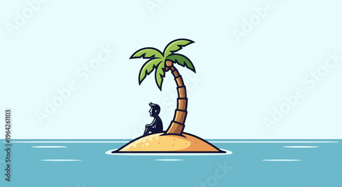 Silhouette of a person under a palm tree on a small island