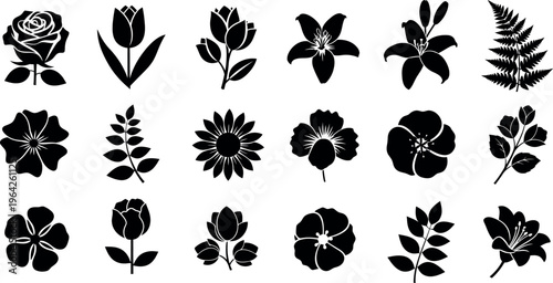 Collection of black floral and leaf silhouette flower rose 1 tulip lily fern