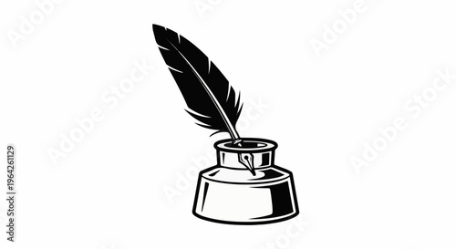 Stylized black feather quill pen rests in a classic inkwell