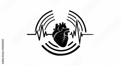 Stylized black heart with electrocardiogram waves and concentric circles