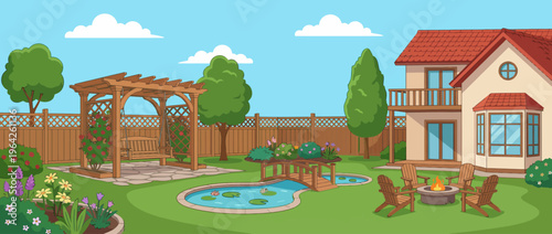This picturesque backyard features a vibrant garden with a pond, a seating area under a pergola, and a warm, inviting home designed for relaxation and outdoor enjoyment.