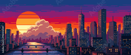 A stunning pixel art representation of a vibrant cityscape illuminated by a sunset, featuring skyscrapers, clouds, and a serene river reflecting the colorful sky.
