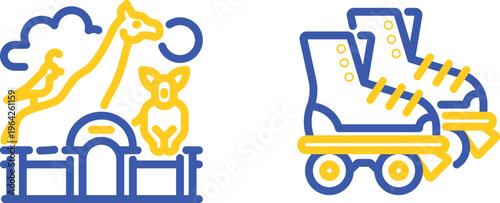 Whimsical illustrations of a roller coaster and mining cart filled with gold