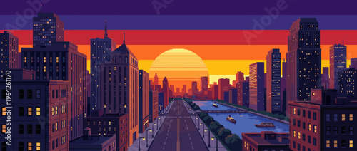 A stunning pixel art depiction of a city skyline at sunset, with vibrant colors and contrasting silhouettes, evoking a sense of tranquility and urban beauty.