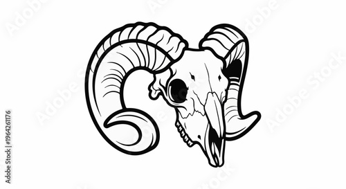 Stylized black and white illustration of a ram's skull with large, curling horns